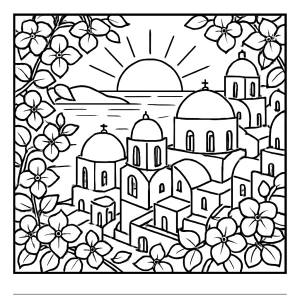 Greek island village sunset coloring page with blue domes and bougainvillea border, free printable