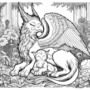 Griffin and baby gryphon napping in an enchanted garden coloring page