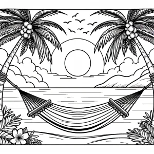 Outline of a hammock between two palm trees at sunset