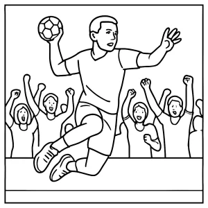 Handball athlete with cheering crowd coloring page for kids to print and color