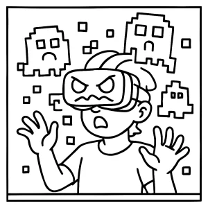 Haunted VR headset transporting gamer into pixel ghost world coloring page for free