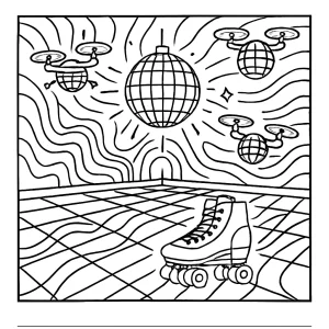 Holographic disco roller rink coloring page with mirror-ball drones, free printable activity for kids