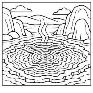 Hot spring onsen mandala ripples coloring page featuring mineral formations and relaxing natural patterns for kids and adults.