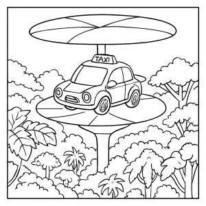 Hover taxi lily-pad station above rainforest canopy coloring page for free printable fun.