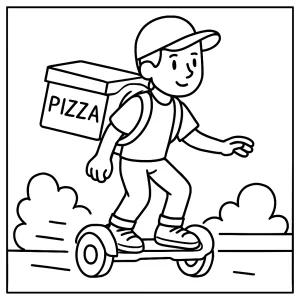 Hoverboard courier delivering pizza coloring page, free printable for kids