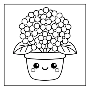 Kawaii hydrangea pot coloring page featuring cute flowers and a smiling pot for kids to color
