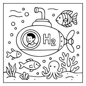 Hydrogen submarine safari coloring page featuring a futuristic submarine exploring the ocean with sea creatures and coral reefs.