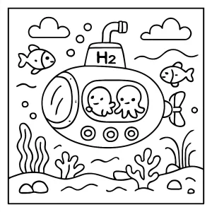 Hydrogen Submarine Safari coloring page featuring a futuristic submarine and marine animals for kids to color