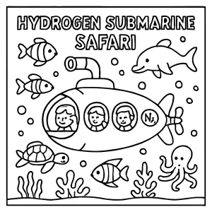 Hydrogen Submarine Safari coloring page showing a futuristic submarine exploring sea life underwater