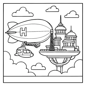 Retro-futuristic hydrogen airship docking at floating skyport coloring page for free