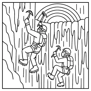 Ice climbing duo ascending frozen waterfall with rainbow lights coloring page