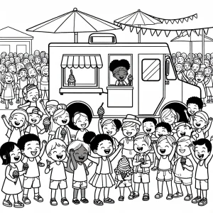 Ice cream food truck festival with happy kids coloring page