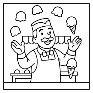 Ice Cream Shop Owner Juggling Scoops coloring page for kids to print and color