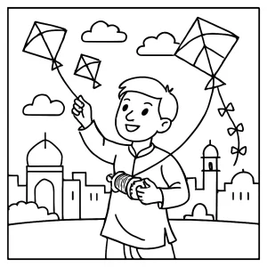 Makar Sankranti kite flying coloring page showing children and kites for free printable fun