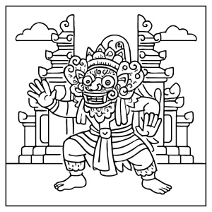 Balinese Barong dance performer under temple gate coloring page for free printable fun