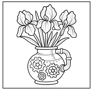Steampunk iris vase coloring page featuring gears, pipes, and irises for free printable coloring fun.