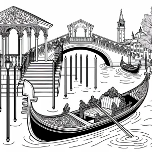 Gondola floating under a Venetian bridge coloring page
