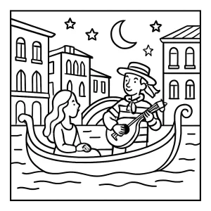 Venetian gondola serenade evening coloring page with gondolier, passengers, and Italian cityscape
