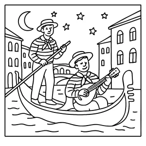 Venetian gondola serenade evening coloring page with a gondolier, musicians, and canal, printable for kids and adults