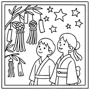 Tanabata Star Festival coloring page with stars, bamboo, and festive Japanese decorations for kids