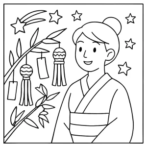 Tanabata Star Festival coloring page featuring Japanese bamboo, lanterns, paper wishes, and stars