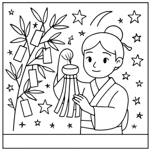 Tanabata Star Festival coloring page with Japanese decorations and stars for kids to color
