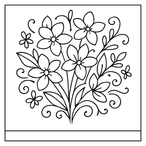 Whimsical jasmine bouquet coloring page with detailed flowers and leaves for kids and adults to print and color.