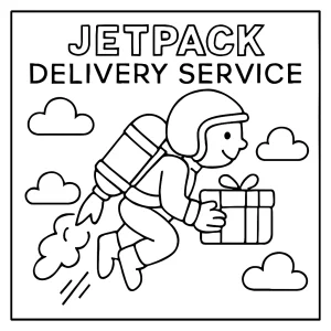Jetpack Delivery Service coloring page – printable illustration of a courier flying with a jetpack over a city, ready to color.