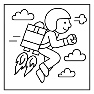 Jetpack Delivery Service coloring page with a delivery hero flying over the city for kids to color and print