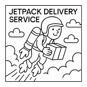 Jetpack Delivery Service coloring page featuring a delivery person with a jetpack flying over a city with packages.