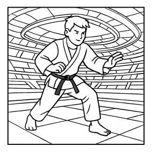 Futuristic Judo Athlete Arena coloring page featuring a martial artist in a high-tech stadium for kids to print and color.
