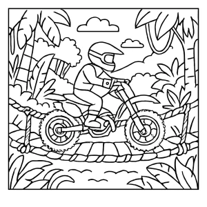 Jungle motocross crossing vine bridge coloring page with rider, animals, and trees for kids to print and color