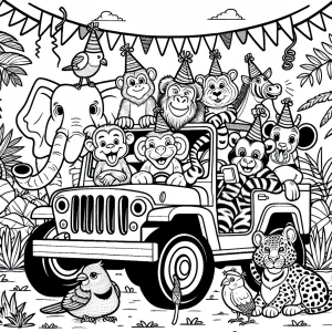 Jeep with jungle animals in party hats on a birthday safari