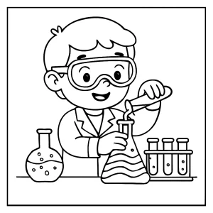 Junior Chemist Mixing Rainbow Liquid coloring page for kids - printable science-themed illustration
