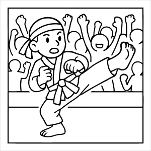 Karate athlete with cheering crowd coloring page for kids to print and color