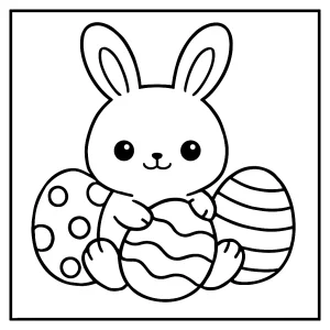 Kawaii Easter bunny with eggs coloring page for kids to print and color