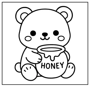 Kawaii bear holding a honey pot coloring page for kids to print and color