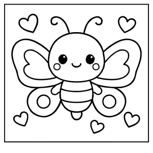 Kawaii butterfly with hearts coloring page for kids to print and color