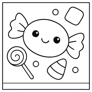 Kawaii candy with happy face coloring page for kids to print and color