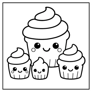Kawaii cupcake family coloring page featuring adorable cupcakes for kids to print and color