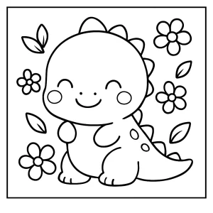 Kawaii dinosaur smiling with flowers coloring page for kids to print and color