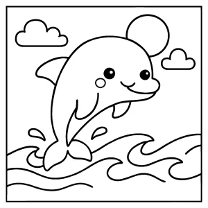 Kawaii dolphin jumping in ocean coloring page for kids, printable and free