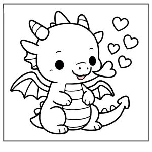 Kawaii dragon breathing hearts coloring page for kids to print and color