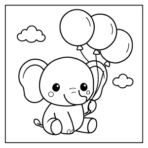 Kawaii elephant with balloons coloring page for kids, printable and free download