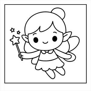 Kawaii fairy with magic wand coloring page for kids, free printable