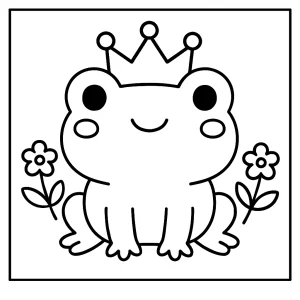 Kawaii frog with a crown coloring page for kids to print and color