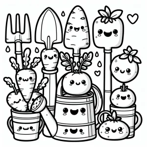 Kawaii gardening tools with smiling vegetables coloring page