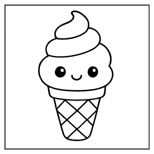 Kawaii ice cream cone with smiling face coloring page for kids to print and color.