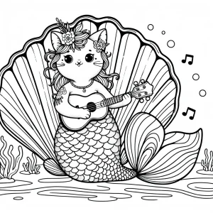 Kawaii mermaid cat playing ukulele on a seashell stage coloring page
