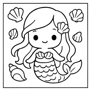Kawaii mermaid with seashells coloring page for kids to print and color